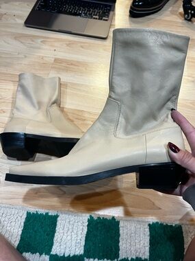 Cream Leather Mid-Calf Boots - Zara